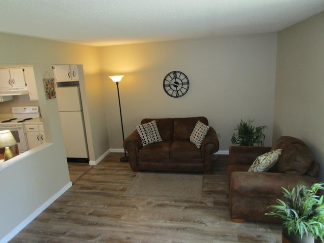 living area with light wood-type flooring and baseboards