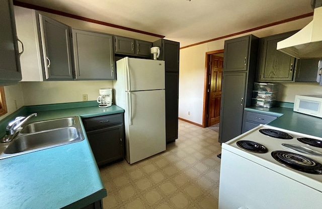 kitchen featuring sink, ventilation hood, crown molding, white appliances, and gray cabinets