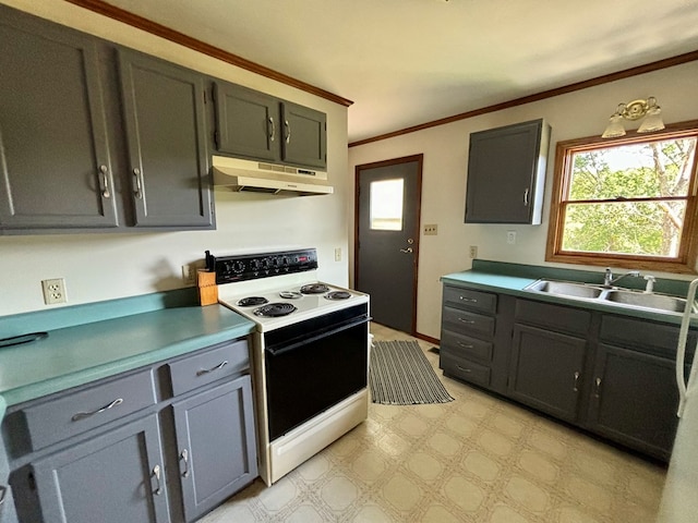 kitchen with electric range, sink, and ornamental molding