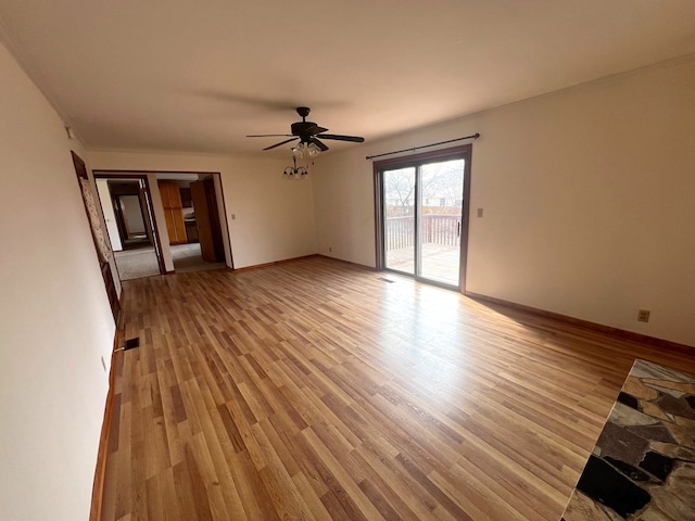 unfurnished living room with ceiling fan and light wood-type flooring