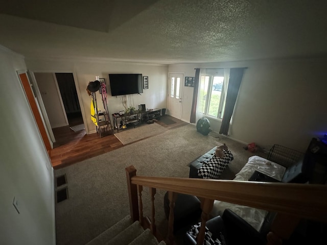 living room featuring carpet flooring and a textured ceiling