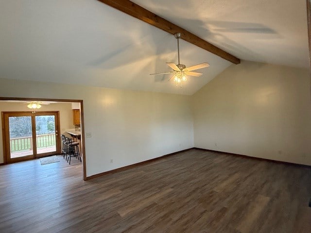 unfurnished room featuring lofted ceiling with beams, ceiling fan, and dark hardwood / wood-style flooring