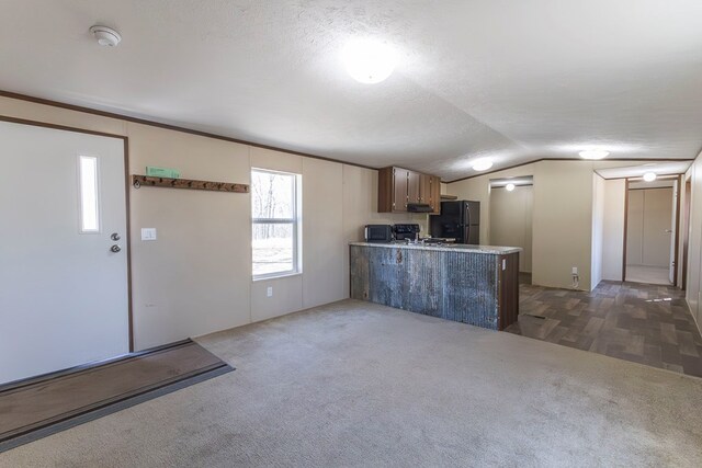 1018 Logue Ln, Keytesville, MO 65261 - kitchen featuring freestanding refrigerator, a textured ceiling, a peninsula, vaulted ceiling, and dark colored carpet