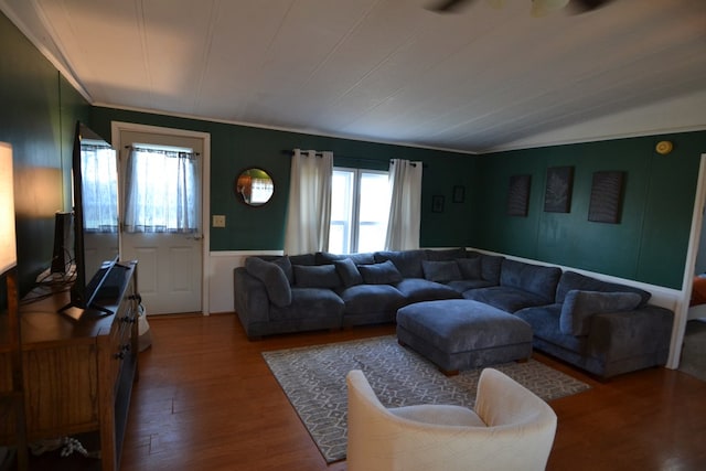 49615 Peach Rd, Milan, MO 63556 - living room with wood finished floors, lofted ceiling, and a wainscoted wall