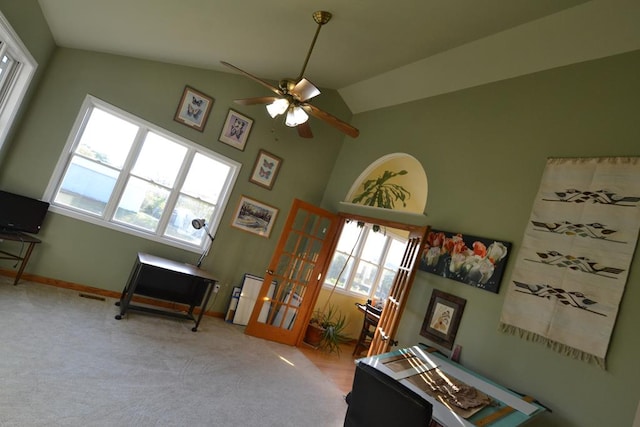 23523 State Highway Aa, Greentop, MO 63546 - living area featuring ceiling fan, french doors, light carpet, and lofted ceiling