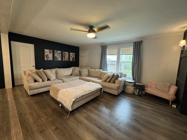 501 SE State St, Milan, MO 63556 - living room featuring crown molding, a textured ceiling, dark wood finished floors, and ceiling fan