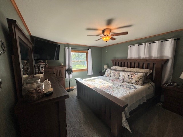 1715 E Mcpherson St, Kirksville, MO 63501 - bedroom with dark colored carpet and ceiling fan