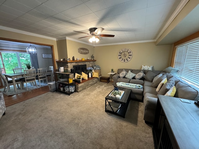 72 Manor Crest Dr, Kirksville, MO 63501 - living area with carpet floors, ornamental molding, and ceiling fan