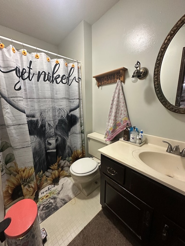 bathroom featuring a shower with curtain, vanity, and toilet