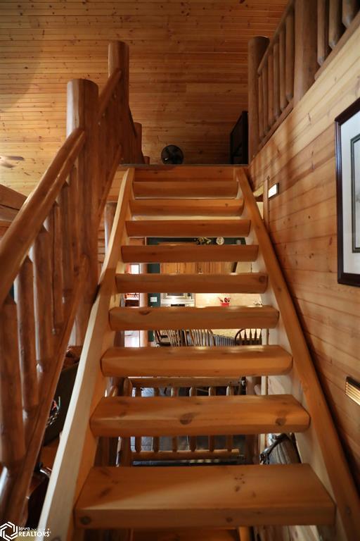 stairway featuring wood walls and wood ceiling