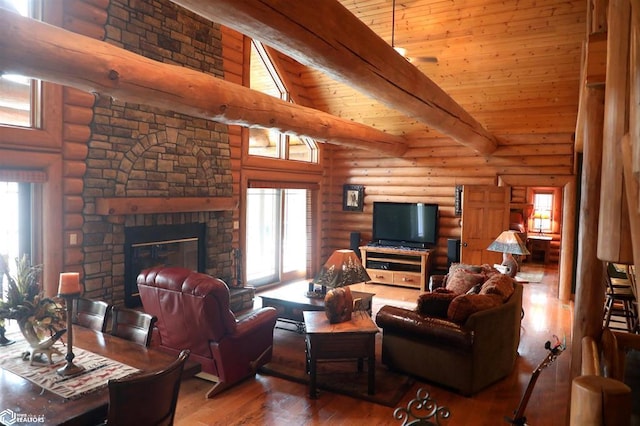 living area featuring a fireplace, wood finished floors, wood ceiling, log walls, and beam ceiling