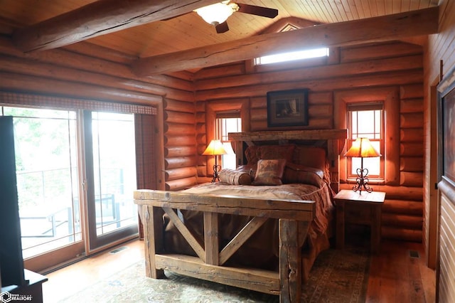 bedroom featuring lofted ceiling with beams, multiple windows, wooden ceiling, and wood finished floors