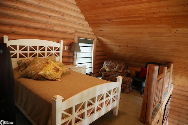 bedroom featuring lofted ceiling, wood ceiling, and log walls