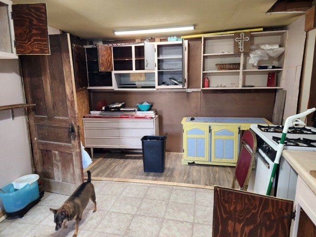 605 High St, Linneus, MO 64653 - kitchen with tile patterned floors, open shelves, and gas range gas stove