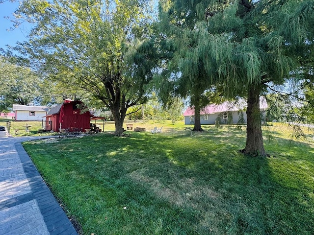 view of yard featuring a storage shed