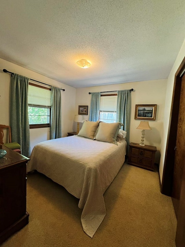 bedroom with a textured ceiling and carpet floors