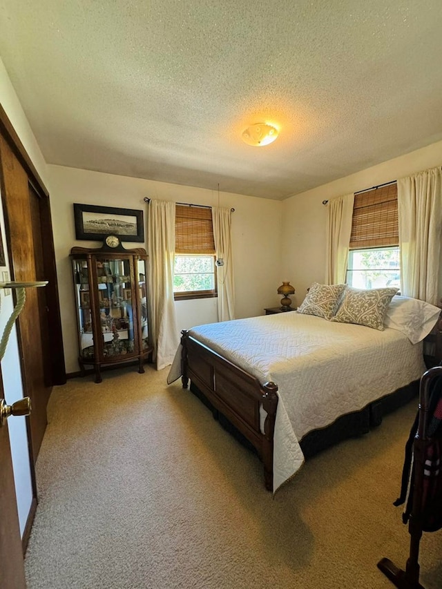 carpeted bedroom featuring a textured ceiling and multiple windows