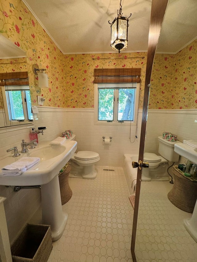 bathroom featuring crown molding, plenty of natural light, and toilet