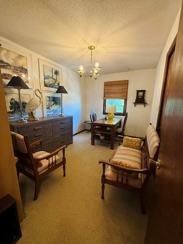 living area with carpet, a textured ceiling, and a notable chandelier