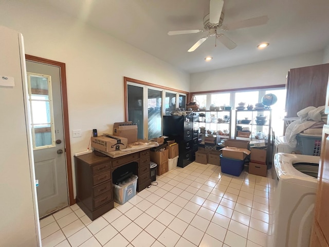 home office with light tile patterned floors, washer / clothes dryer, and ceiling fan