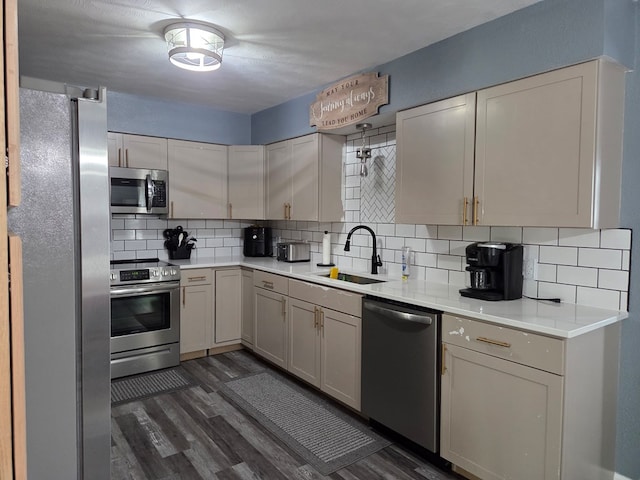 1701 Boyd, Chillicothe, MO 64601 - kitchen with stainless steel appliances, dark wood-type flooring, decorative backsplash, and light countertops
