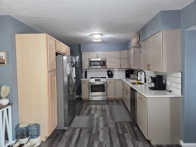 1701 Boyd, Chillicothe, MO 64601 - kitchen featuring stainless steel appliances, dark wood-type flooring, backsplash, and light countertops