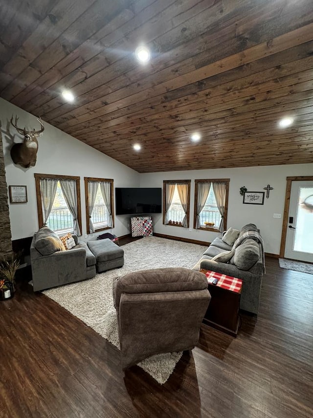 living room featuring dark hardwood / wood-style floors, vaulted ceiling, and wood ceiling