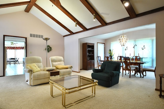 living room with carpet, beam ceiling, high vaulted ceiling, and a chandelier