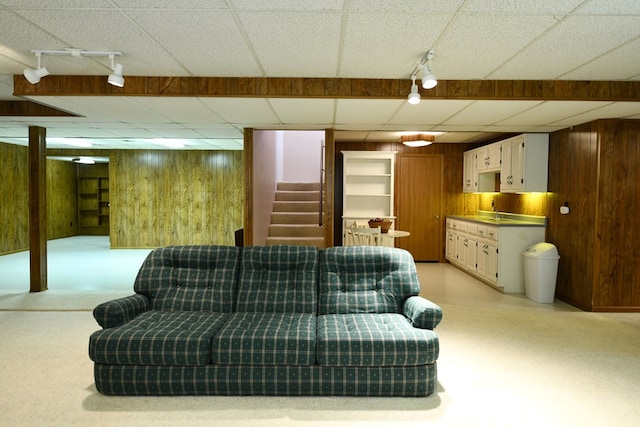 living room featuring rail lighting and wooden walls