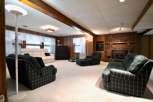 living room with carpet, a wood stove, and wood walls