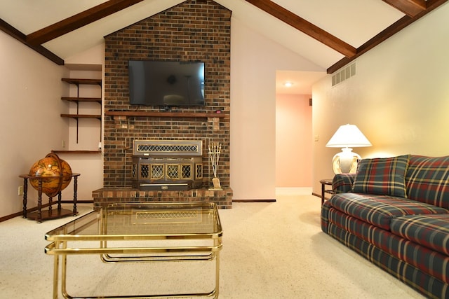 living room with carpet flooring, vaulted ceiling with beams, and a fireplace