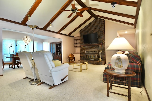 living room with light carpet, high vaulted ceiling, ceiling fan, a fireplace, and beamed ceiling