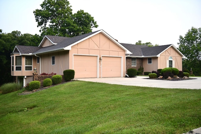 single story home with a front lawn and a garage