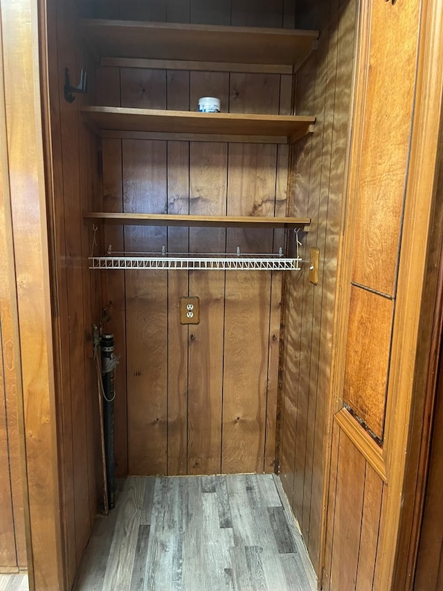 interior space with wood walls and wood-type flooring