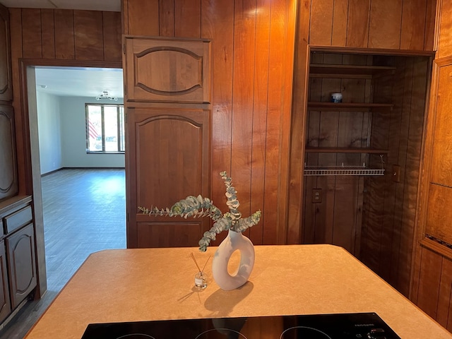 kitchen with hardwood / wood-style flooring and wooden walls