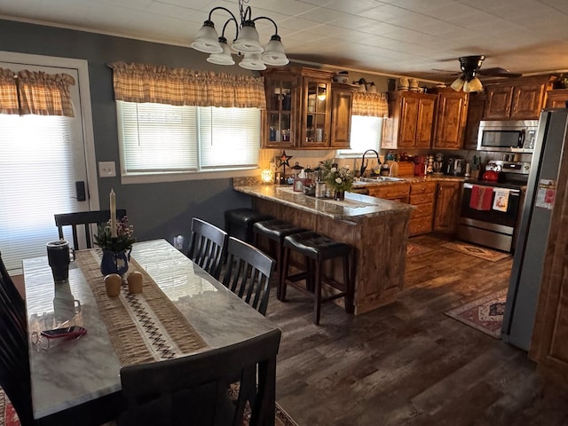 kitchen featuring glass insert cabinets, dark wood-type flooring, a peninsula, stainless steel appliances, and a sink