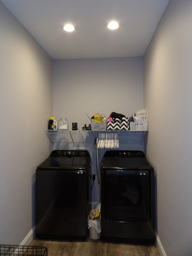 1109 Steer Creek Way, Kirksville, MO 63501 - laundry area with laundry area, baseboards, wood finished floors, washing machine and clothes dryer, and recessed lighting