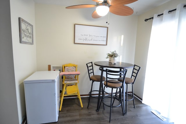 dining room with ceiling fan and dark hardwood / wood-style floors