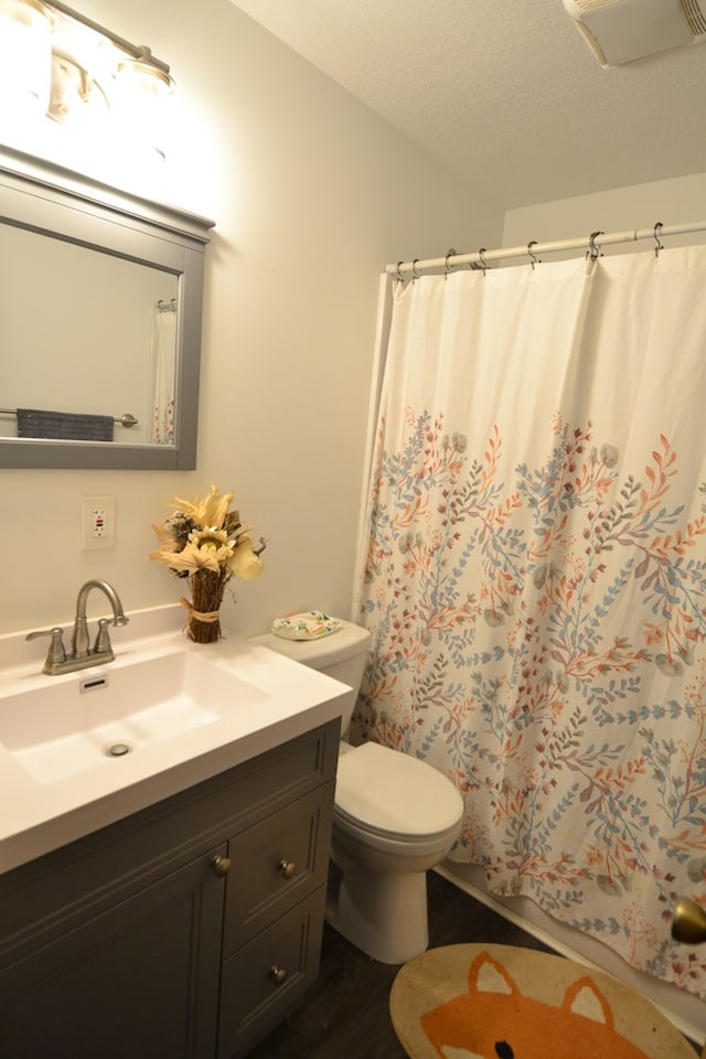 bathroom with vanity, toilet, wood-type flooring, and a textured ceiling