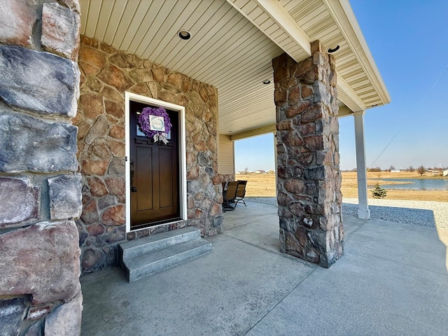 doorway to property with stone siding