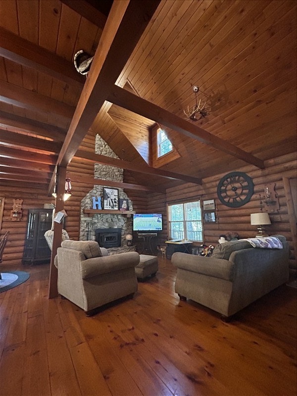 28730 State Highway T, Excello, MO 65247 - living room with log walls, hardwood / wood-style flooring, a fireplace, and wooden ceiling