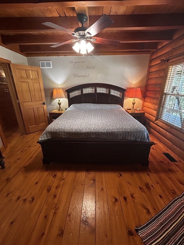 28730 State Highway T, Excello, MO 65247 - bedroom with log walls, hardwood / wood-style floors, and a wood ceiling with exposed beams