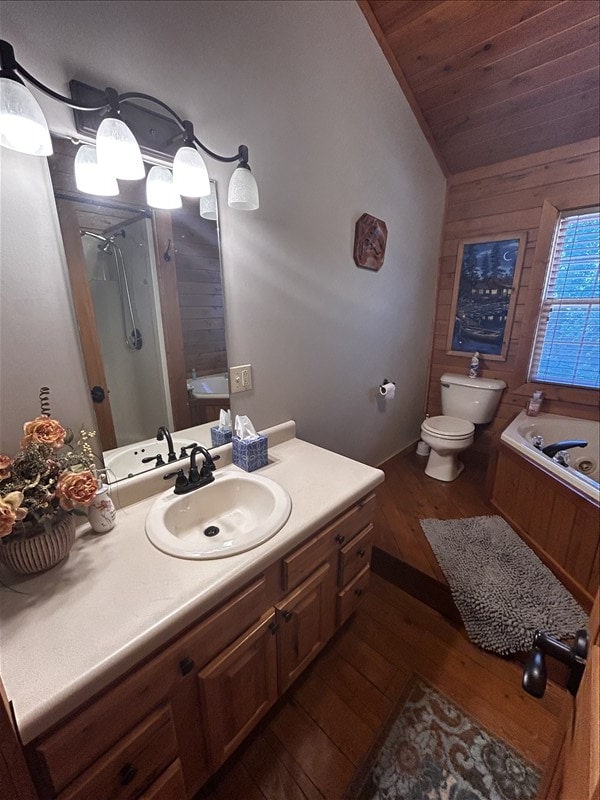 28730 State Highway T, Excello, MO 65247 - full bath featuring wood-type flooring, wooden walls, a bath, vanity, and a shower stall