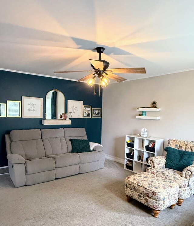 1205 Randolph St, Kirksville, MO 63501 - carpeted living room with a ceiling fan and ornamental molding
