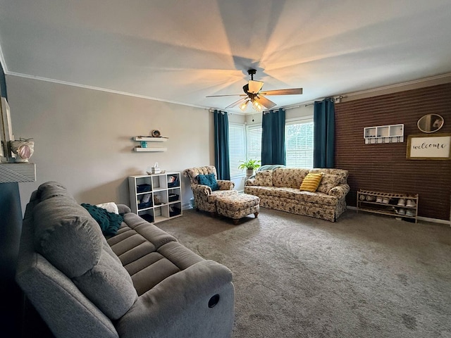 1205 Randolph St, Kirksville, MO 63501 - living area with carpet, a ceiling fan, and crown molding