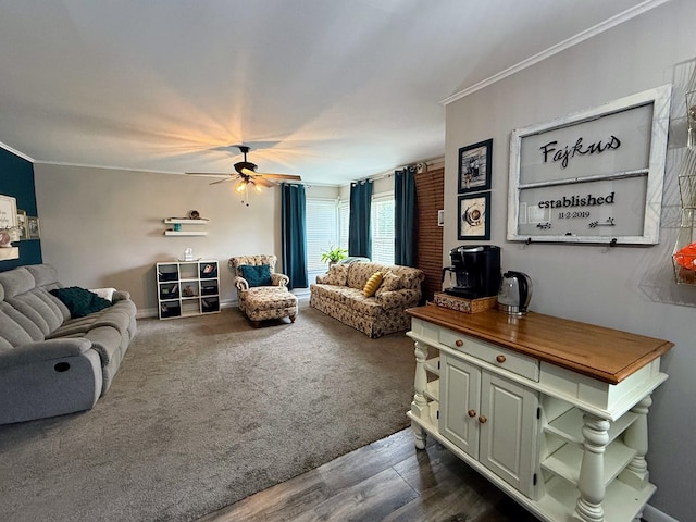 1205 Randolph St, Kirksville, MO 63501 - living room with ceiling fan, crown molding, and dark wood-style floors