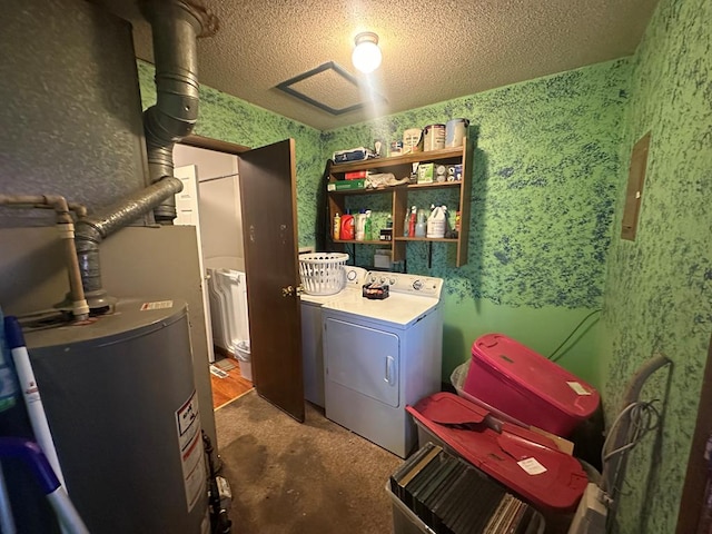 laundry room featuring laundry area, independent washer and dryer, a textured ceiling, gas water heater, and wallpapered walls