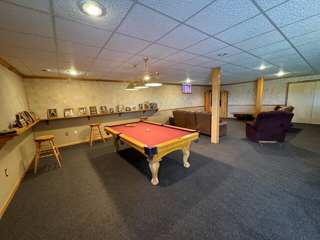 14695 Motter Hill Rd, Kirksville, MO 63501 - rec room with a paneled ceiling, carpet floors, pool table, and baseboards