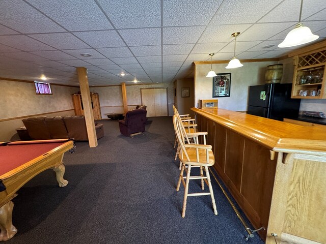 14695 Motter Hill Rd, Kirksville, MO 63501 - indoor dry bar with freestanding refrigerator, carpet floors, pendant lighting, billiards table, and a drop ceiling