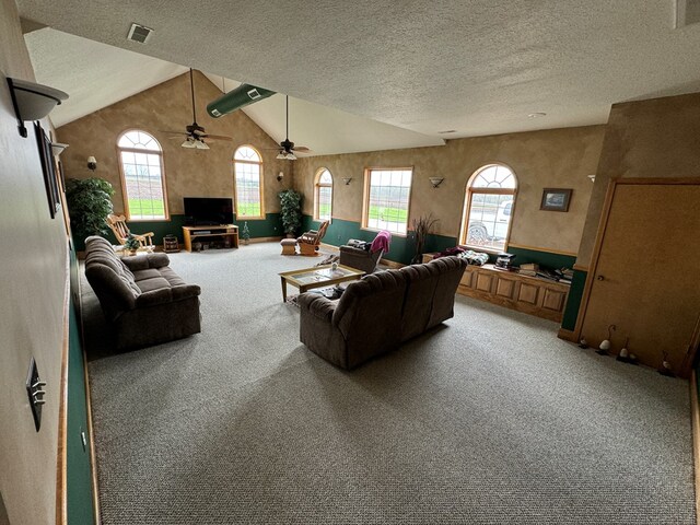 14695 Motter Hill Rd, Kirksville, MO 63501 - living room with light carpet, ceiling fan, plenty of natural light, lofted ceiling, and a textured ceiling